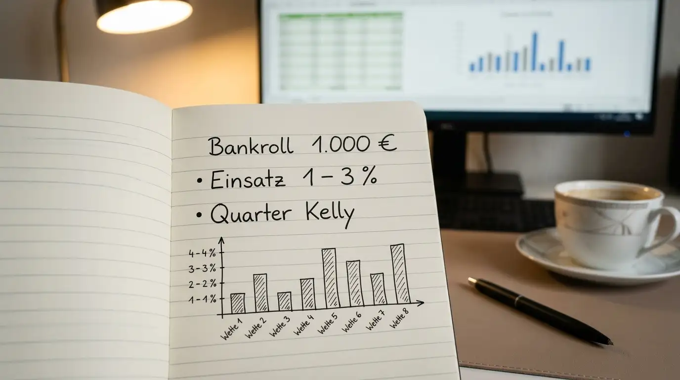 Arbeitsplatz mit Notizen zu Bankroll-Management und Kelly-Kriterium für Süper-Lig-Wetten