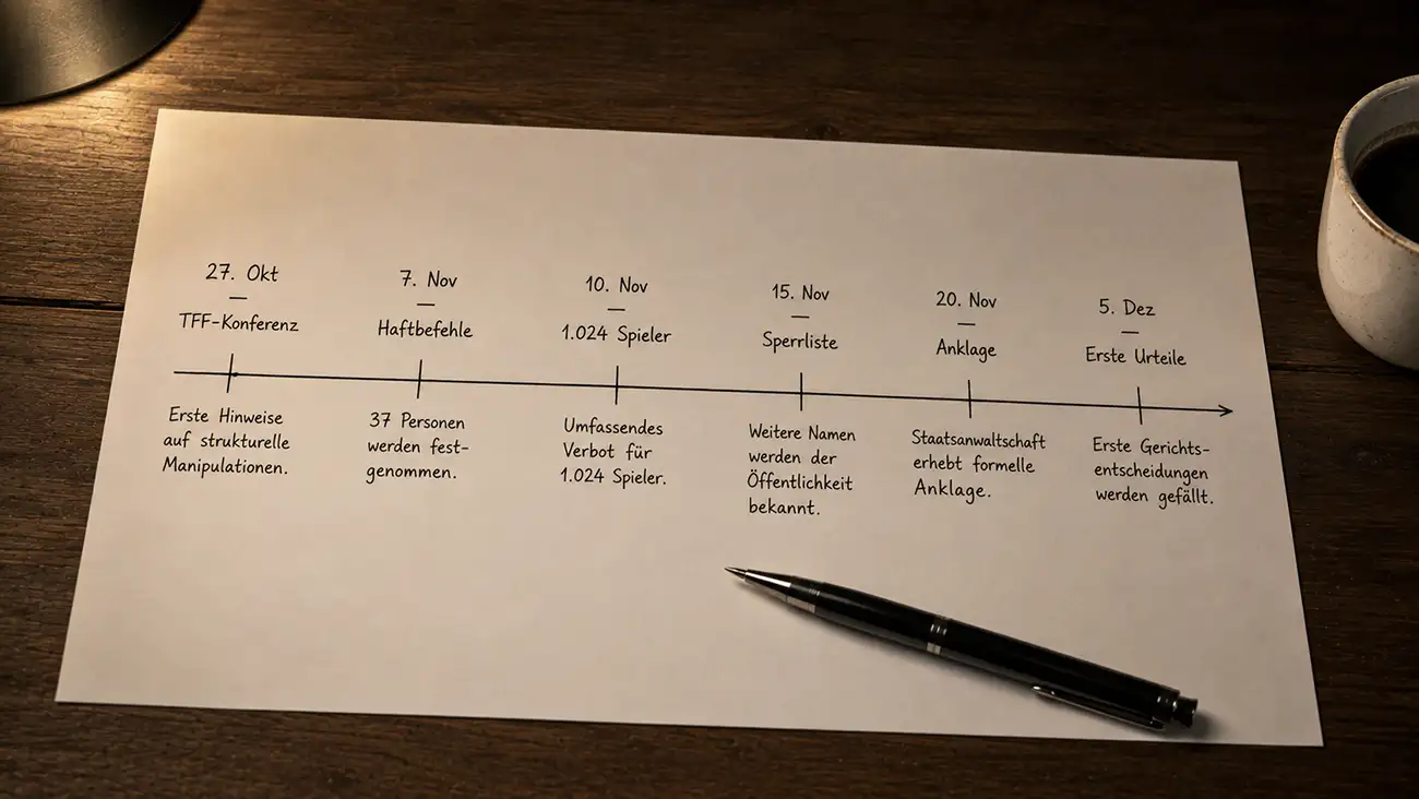 Handschriftlicher Zeitstrahl mit den Schlüsseldaten des Süper-Lig-Wettskandals von Oktober bis November 2025