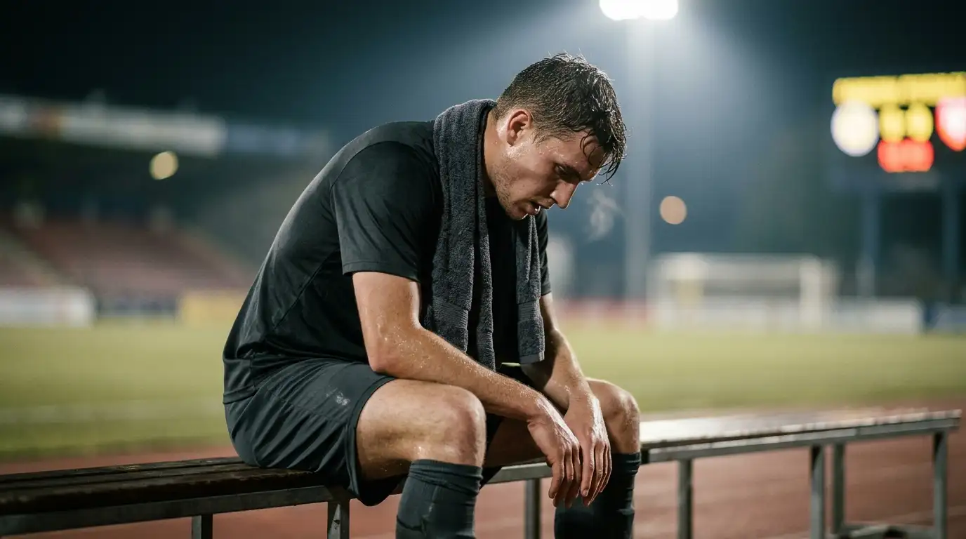 Süper-Lig-Spieler nach einem Europapokal-Spiel mit sichtbaren Zeichen der Doppelbelastung