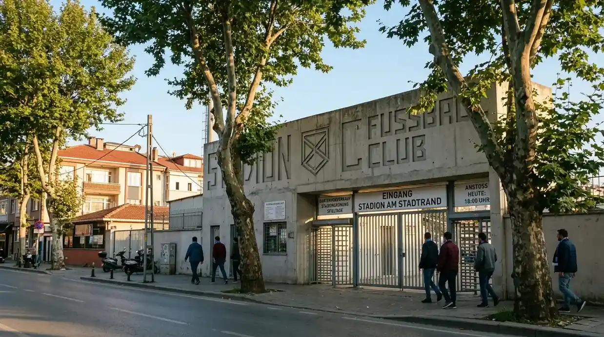 Stadion von Eyüpspor in Istanbul mit Vereinswappen im Vordergrund