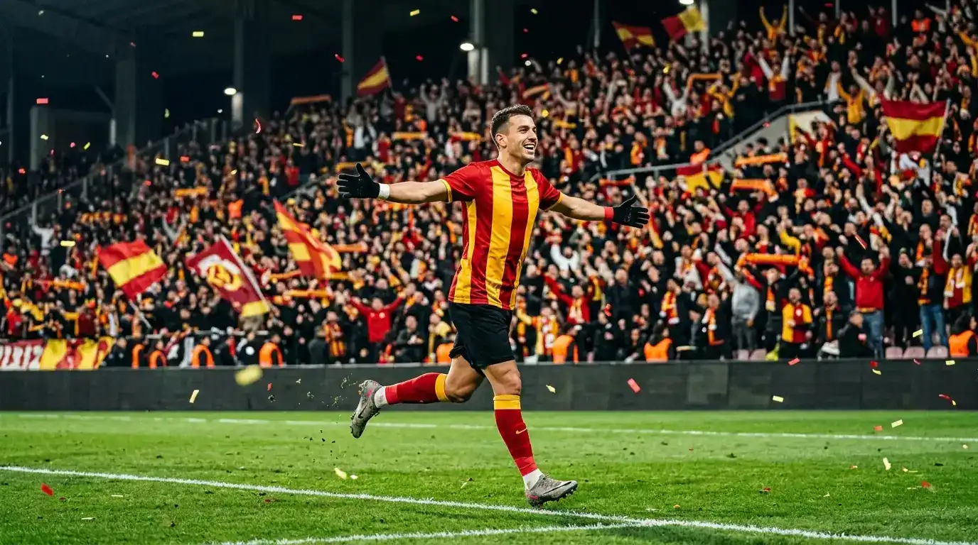 Galatasaray-Spieler im RAMS Park feiern den Süper-Lig-Titel vor gelb-roten Fan-Tribünen