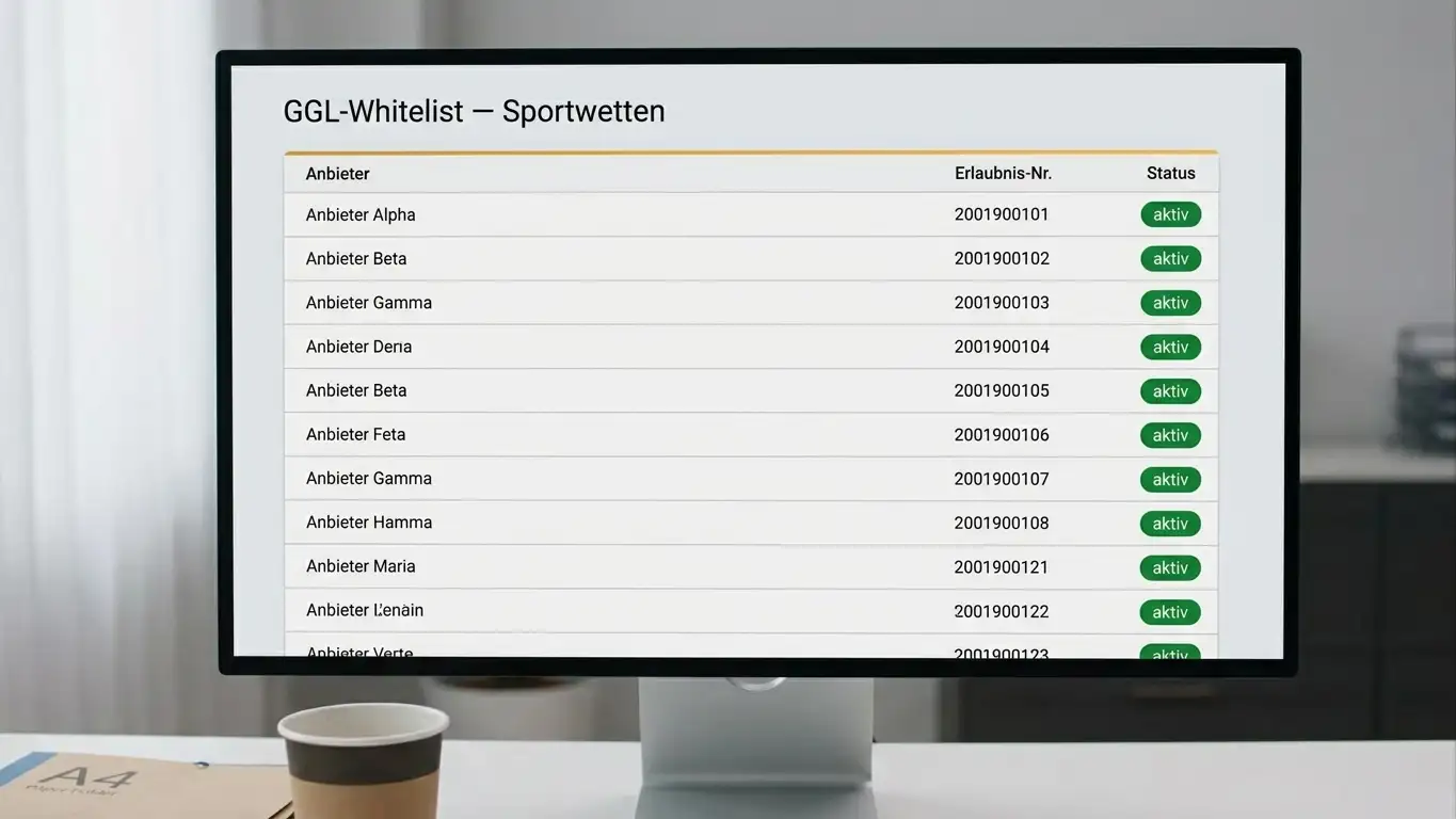 Monitor mit der GGL-Whitelist und einer Liste lizenzierter Sportwettenanbieter in Deutschland