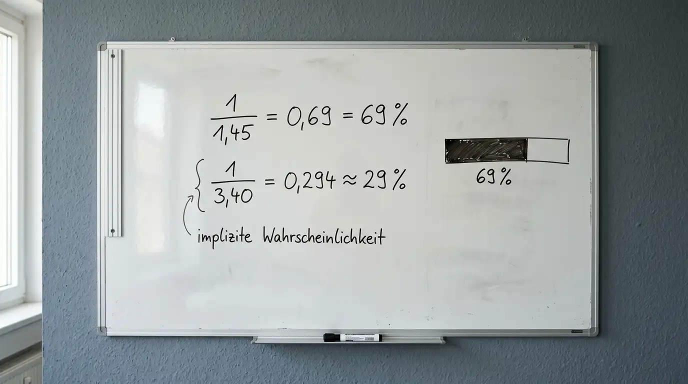 Whiteboard mit der Umrechnung von Dezimalquoten in implizite Wahrscheinlichkeiten in Prozent