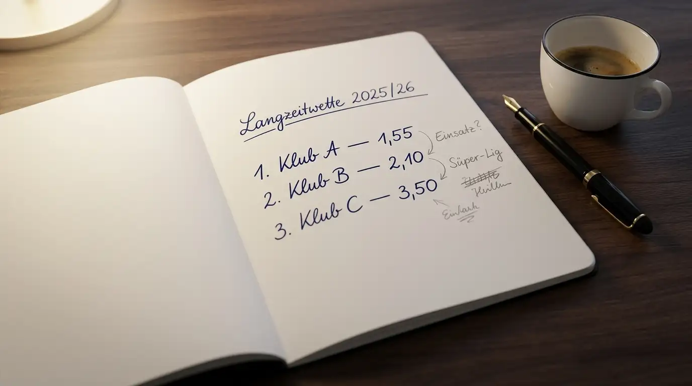 Notizbuch mit handschriftlicher Saisonplanung für Langzeitwetten auf die Süper Lig