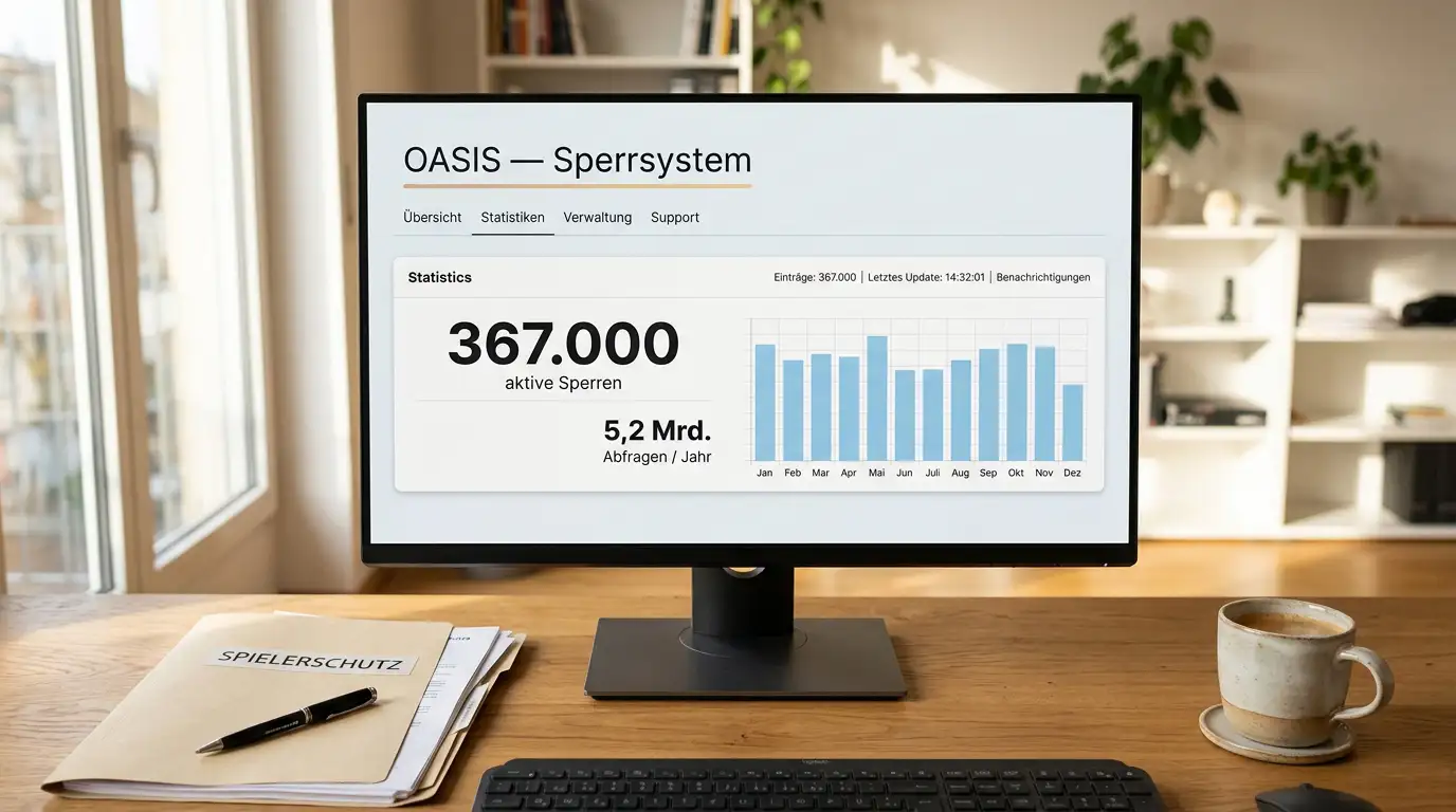 Monitor mit dem OASIS-Spielersperrsystem und einer Spielerschutz-Statistik