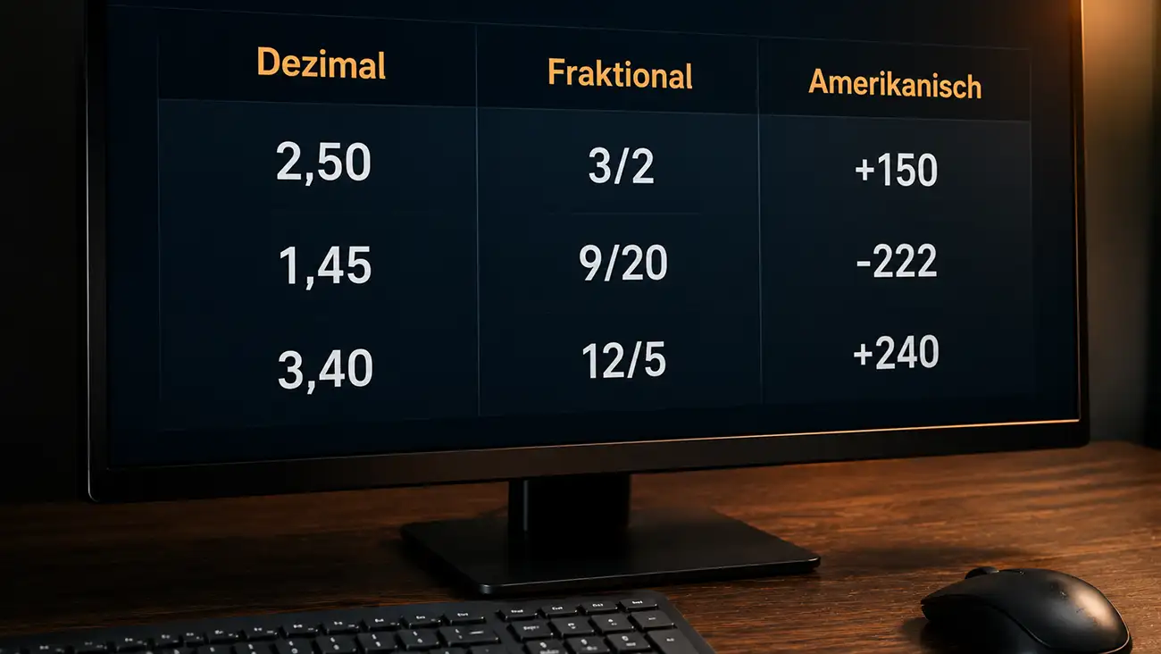 Drei Quotenformate nebeneinander: dezimal, fraktional und amerikanisch in einer Anbieter-Anzeige