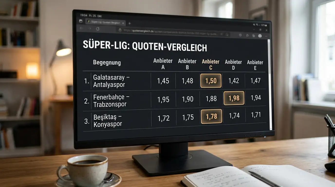 Gegenüberstellung von Süper-Lig-Quoten mehrerer lizenzierter Buchmacher auf einem Monitor