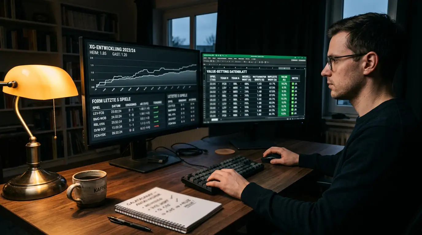 Arbeitsplatz eines Wettanalysten mit Süper-Lig-Form-Daten, xG-Werten und Value-Betting-Notizen