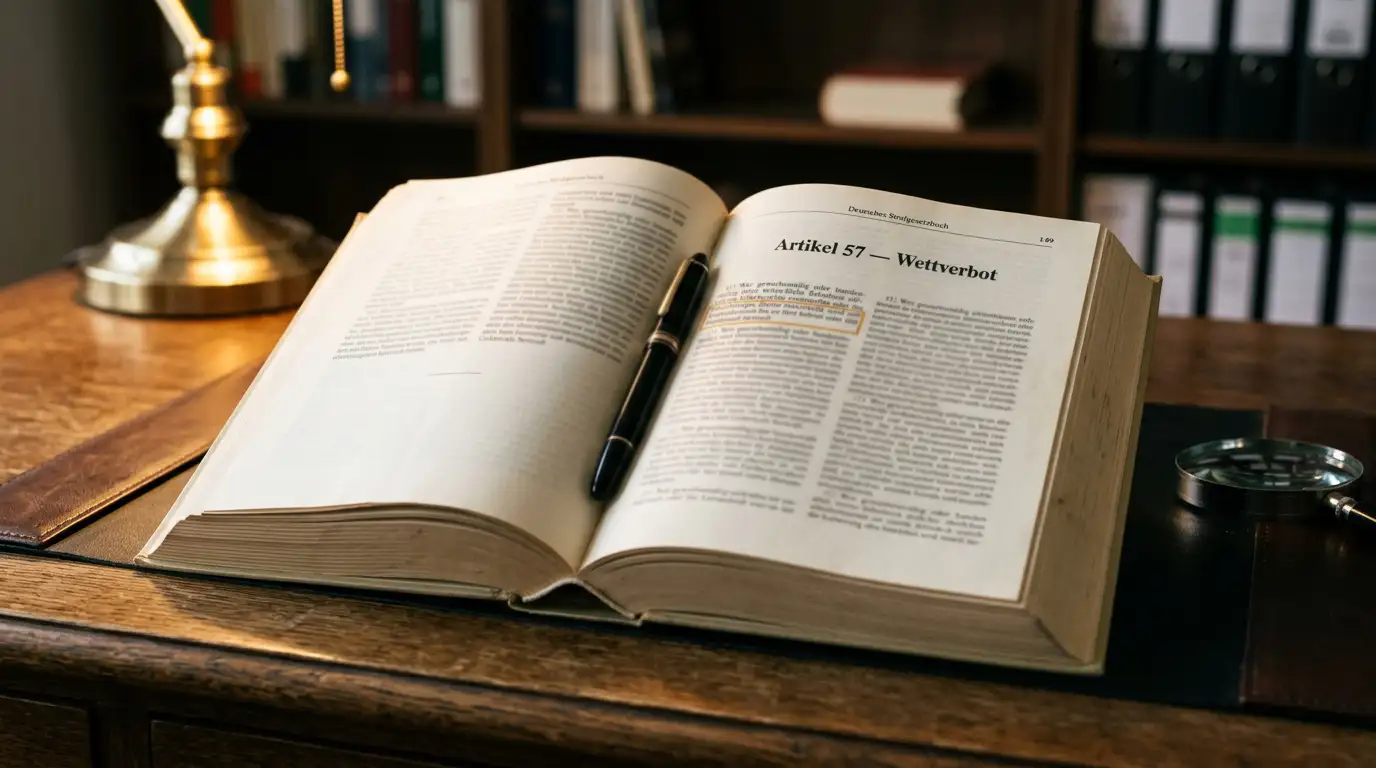 Aufgeschlagene TFF-Disziplinarordnung mit hervorgehobenem Artikel 57 auf einem Bürotisch