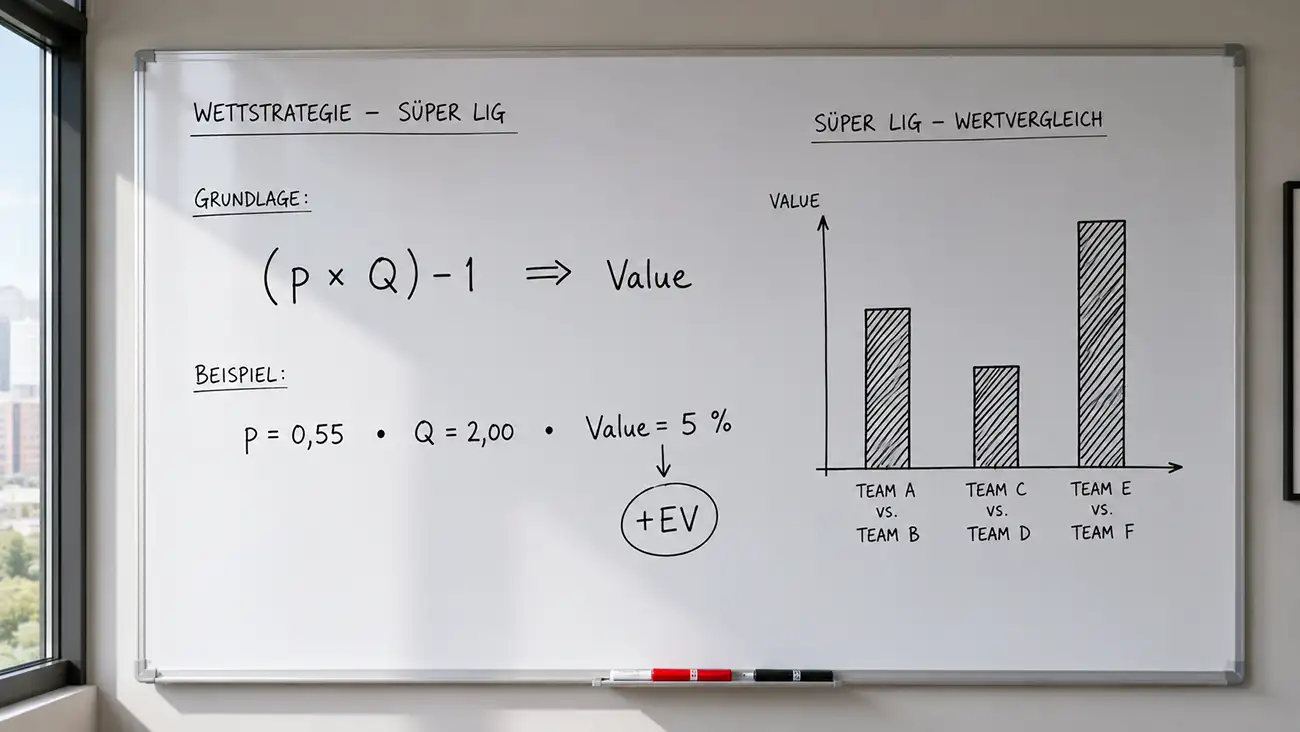 Whiteboard mit handschriftlicher Value-Betting-Analyse für ein Süper-Lig-Spiel