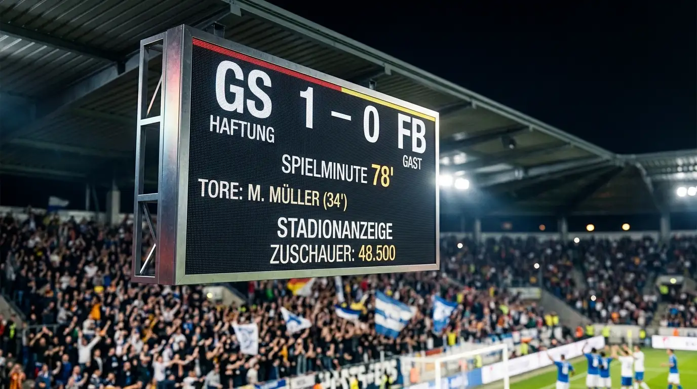 Stadion-Anzeigetafel mit Spielstand, Toren und Spielminuten als Bezugspunkte für 1X2, Über/Unter und BTTS