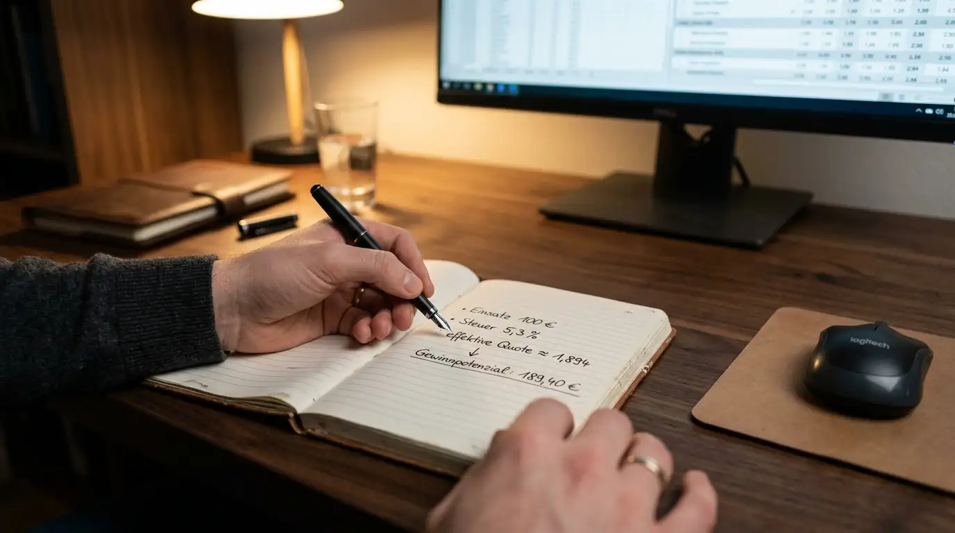 Analyst mit handschriftlichen Notizen zum Effekt der 5,3-Prozent-Wettsteuer auf die effektive Auszahlung