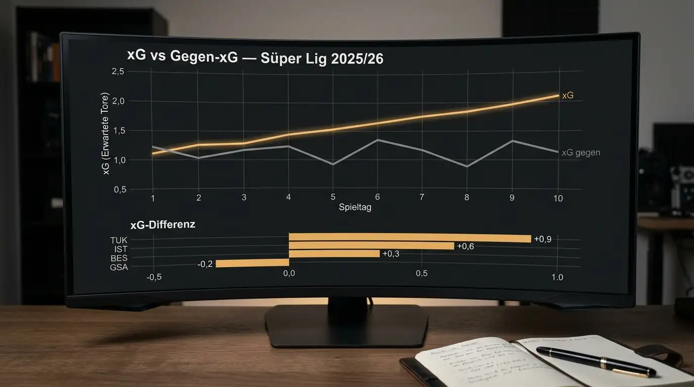 Linien- und Balkendiagramm mit xG-Werten und Gegen-xG zweier Süper-Lig-Mannschaften